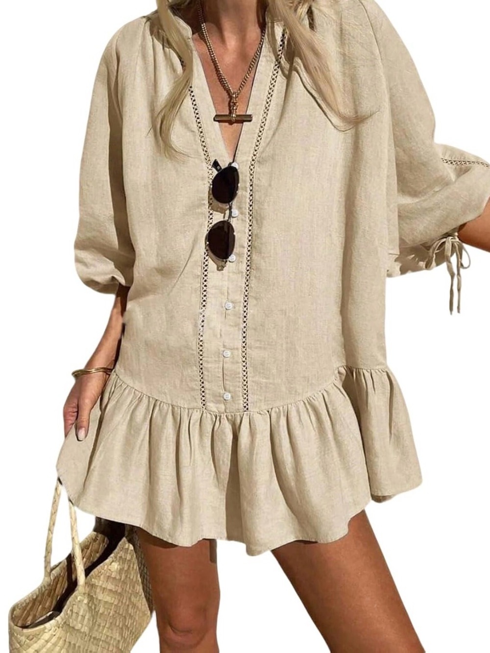 Beige Ruffle-Hem Button Mini Dress with V-Neck